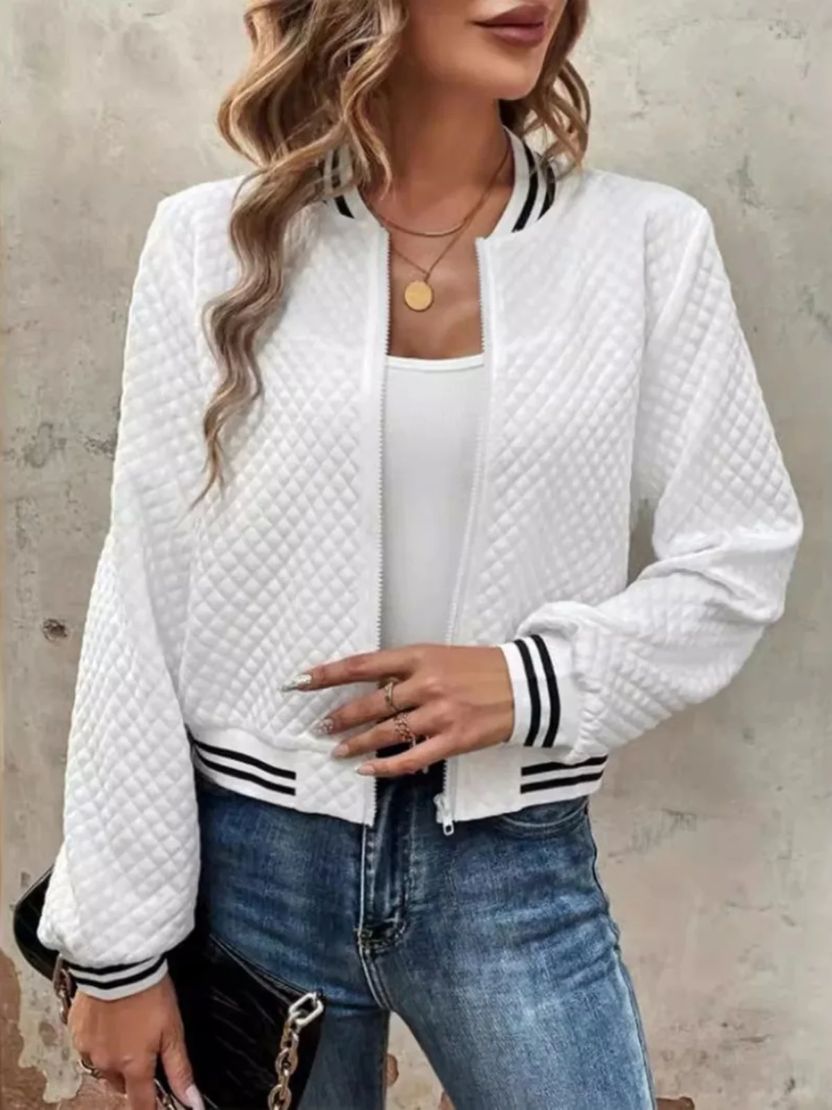 Rayé Long Sve Cheered ort Jaet Vêtements d'extérieur coupe ample pour femmes Col montant Fermeture à glissière Saison d'automne Régulier Épais...