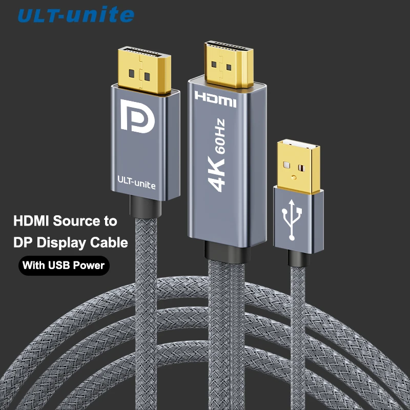 ULT-unite Active HDMI to DP Cable 4K 60Hz,2K@120Hz One-way HDMI Source to DisplayPort Monitor Adapter Display Port Cord For PS5