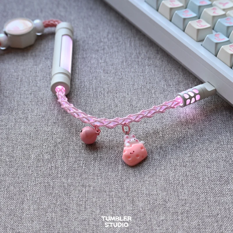 Pink Cute Rabbit Themed Monocrystalline Copper Aviator Cable Luminous Glowing   Magnetic Shaft Keyboard Aviator Keyboard Cable