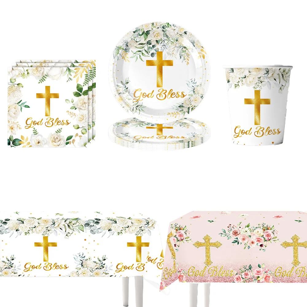 

Baby Christening Party Supplies Plates Napkins Cups Newborn Christening Party Disposable Paper Plates Christening Decorations