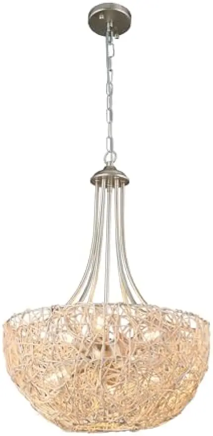 Chandelier Iron Frame in Antique Silver Finish and Beige Rattan pendant lights  chandeliers