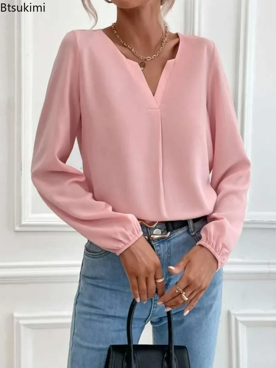 

2024 Women's Elegant Long Sleeve Chiffon Shirts Solid V-neck Business Office Lady Bottom Shirt All Match Slim Pullovers Female