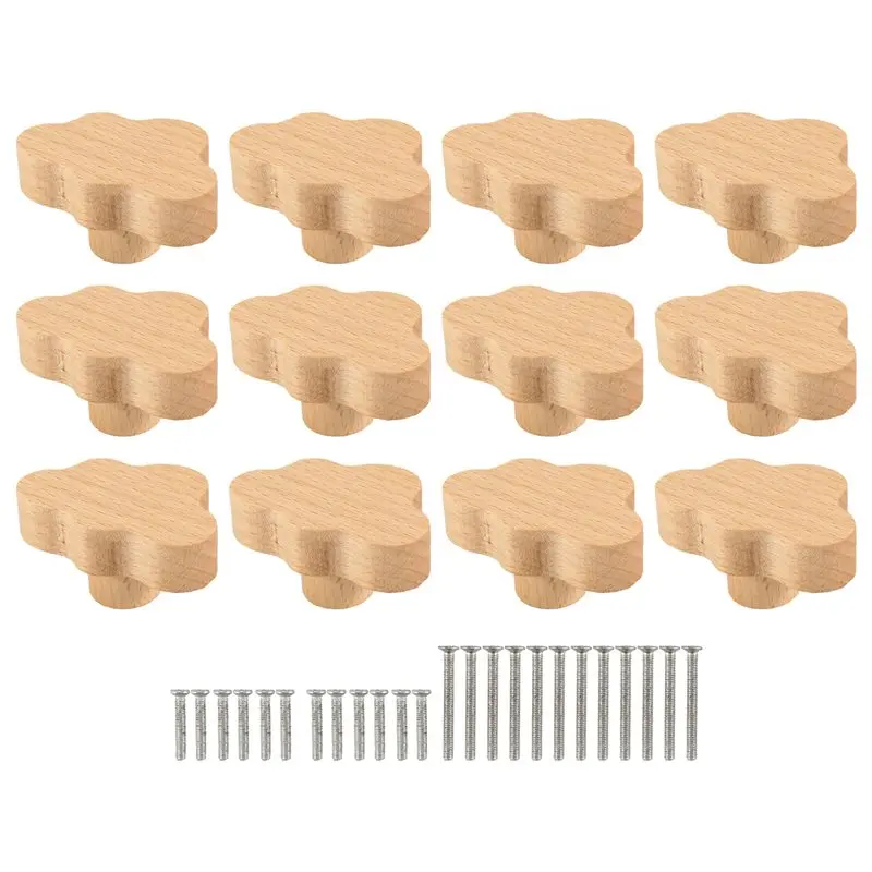 N96R 12 Piece Durable Beech Wood Drawer Knobs Cloud-Shaped Wooden Dresser Pulls Boho Dresser Knobs Wood Color For Cabinets, Furn