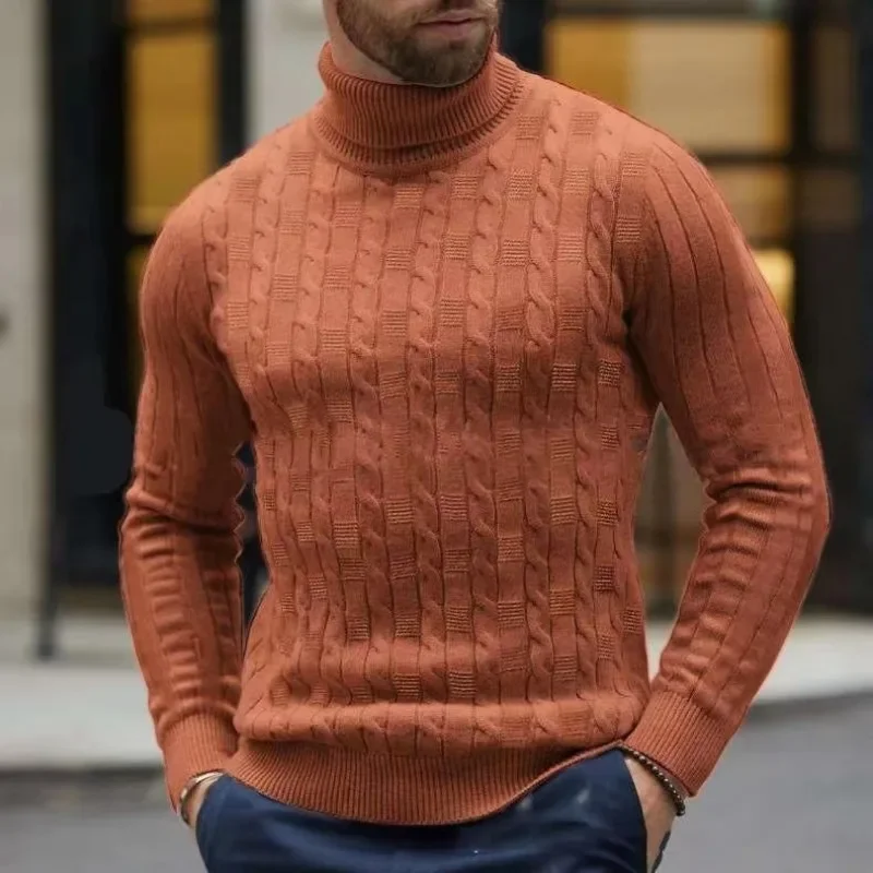 2023 Autumn and Winter Men's High Neck Sweater Knitted Pullover Round Neck Warm Pullovers Slim Fitting Casual Sweaters