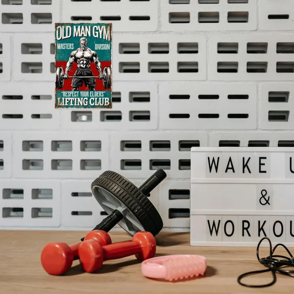 Vintage Old Man Gym Metal Tin Sign Weightlifting Signs Respect Your Elders Retro Tin Sign Hanging Decor for Gym Home Decor Funny