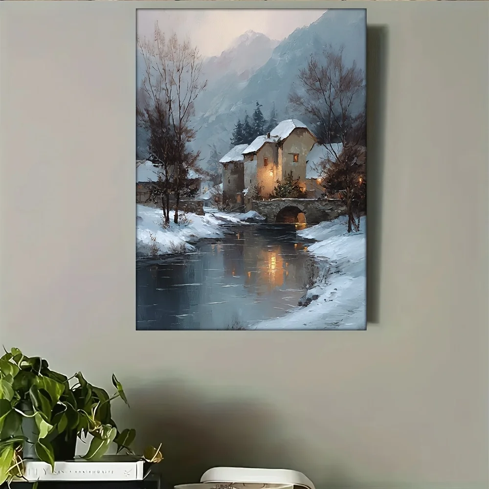(No frame)1pc 12x16 Inch Framed Winter Landscape Oil Painting - European Village Frozen Lake with Historic Stone Houses, Hand