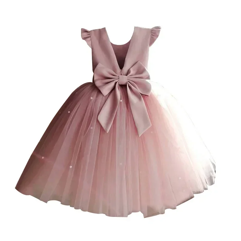 Vestido de tul de flores para niña, vestido de boda con lazo sin espalda, ropa de fiesta para niños, princesa rosa, lazo para bebé, niño pequeño