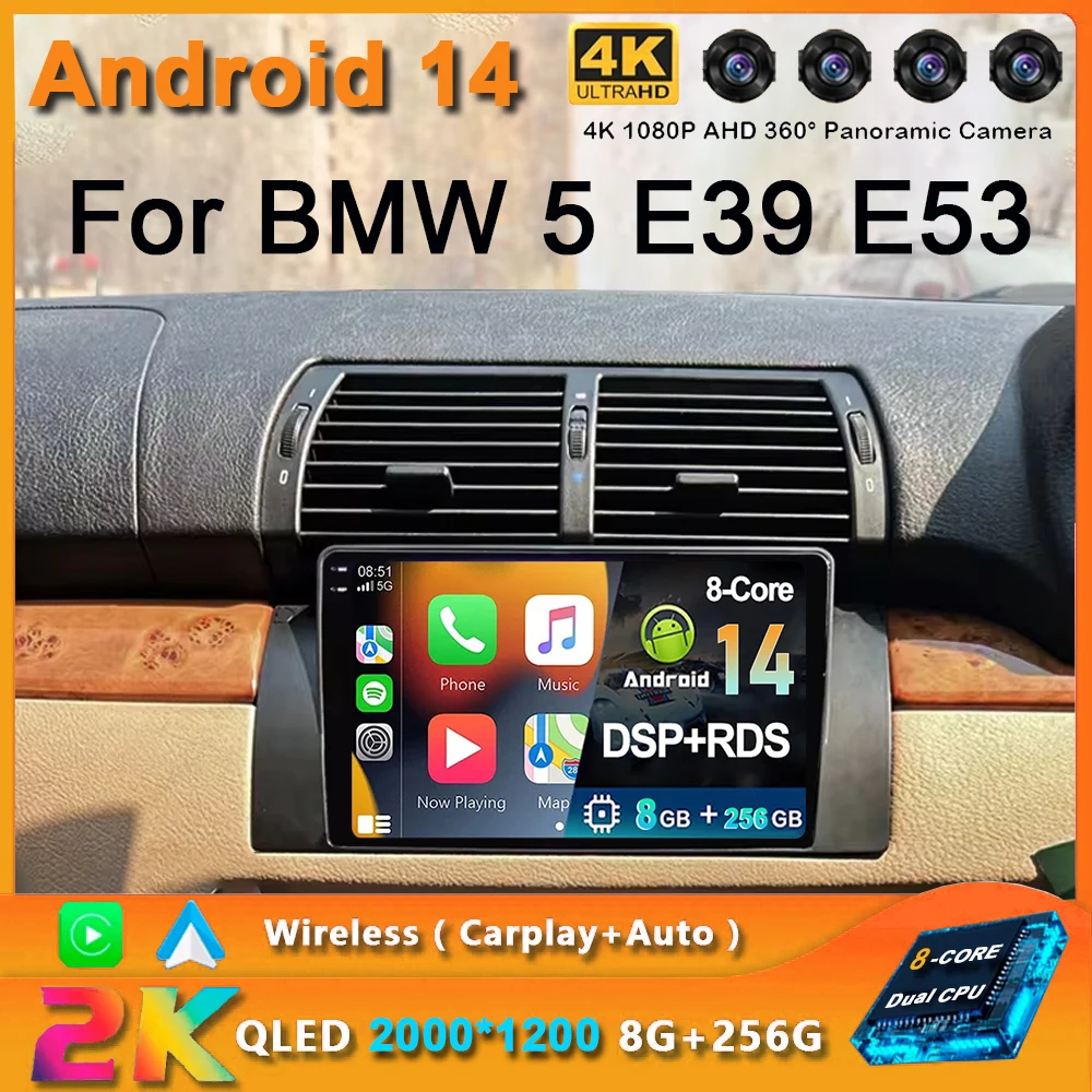 

Беспроводная Автомагнитола CarPlay Android 14 для BMW 5 E39 1995 - 2003 E53 X5 M5 4G Автомобильный мультимедийный GPS 2din Авторадио