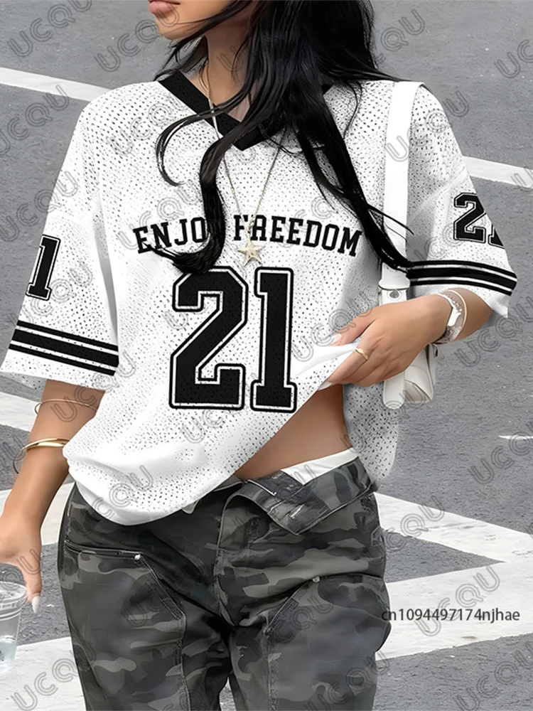 2026 Summer New Retro Enjoy Freedom No.21 Print T-Shirt For Women V-Neck Short Sleeve Sports Football Jersey Y2K Oversized Tops
