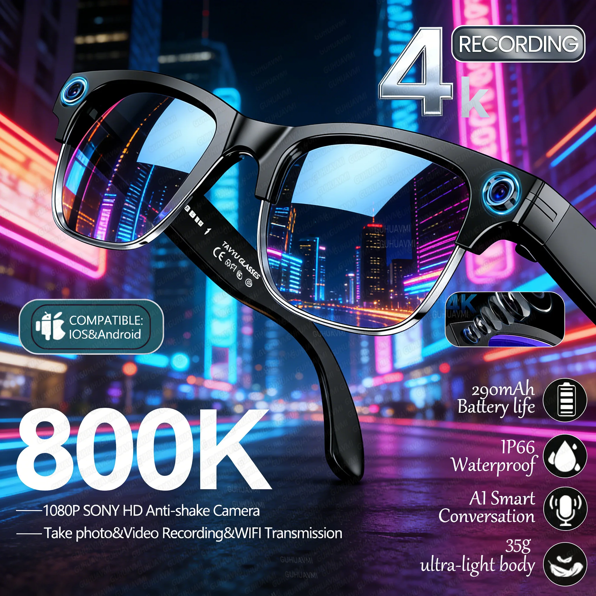 Nouvelles lunettes intelligentes IA 2026 avec caméra HD 800W, enregistrement photo et vidéo, transmission Wi-Fi 4 Go, appels et lecture de musique pour hommes et femmes