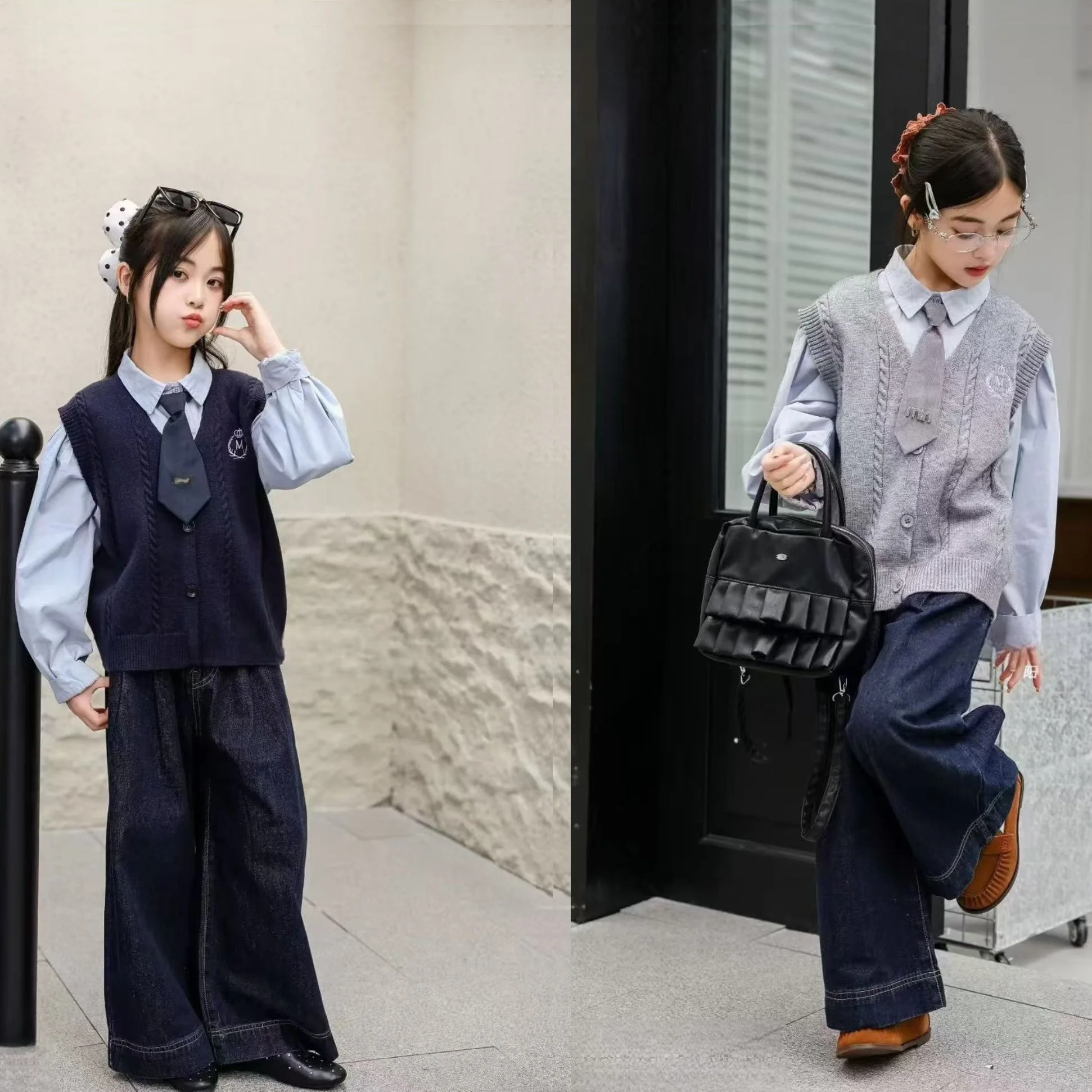 

teen college style clothes set Twisted knitted vest cardigan+shirt+tie+Wide leg jeans 4pcs junior kids school suit child outfits