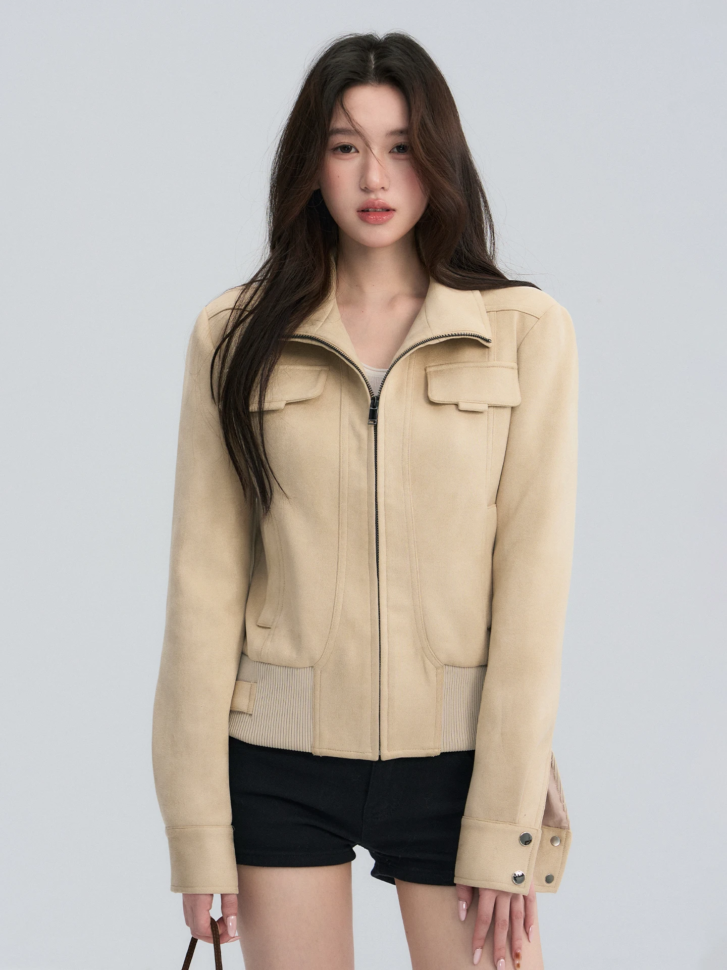 

OIOI E Women's Retro Suede Motorcycle Jaet Autumn Winter Faion Stand Collar ket Zipper Top ort Outerwear