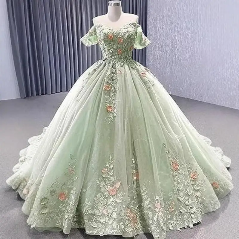 Off Shoulder Strapless Colored Gauze Wedding Dress Embroidered With Heart Collar Three-dimensional Heavy-duty Dress Customized