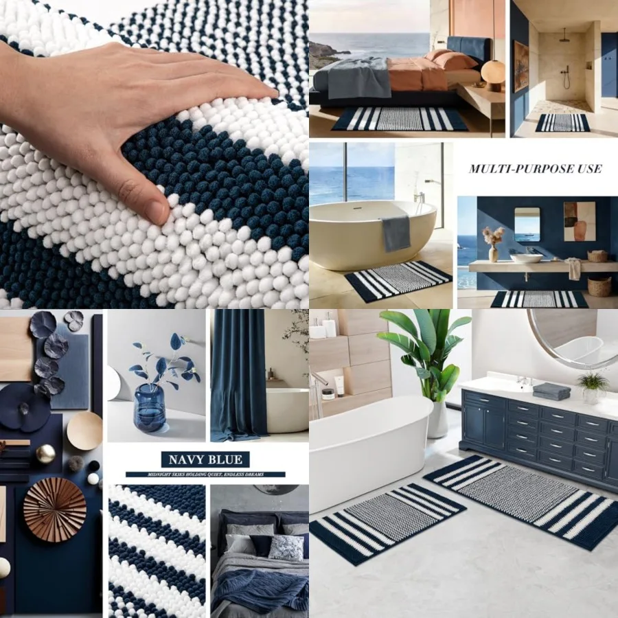 

Blue Bathroom Rugs Set 2 Pcs, Extra Soft Absorbent Fluffy Striped Chenille Bathroom Floor Mat, Non Slip Quick Dry Washable Bath