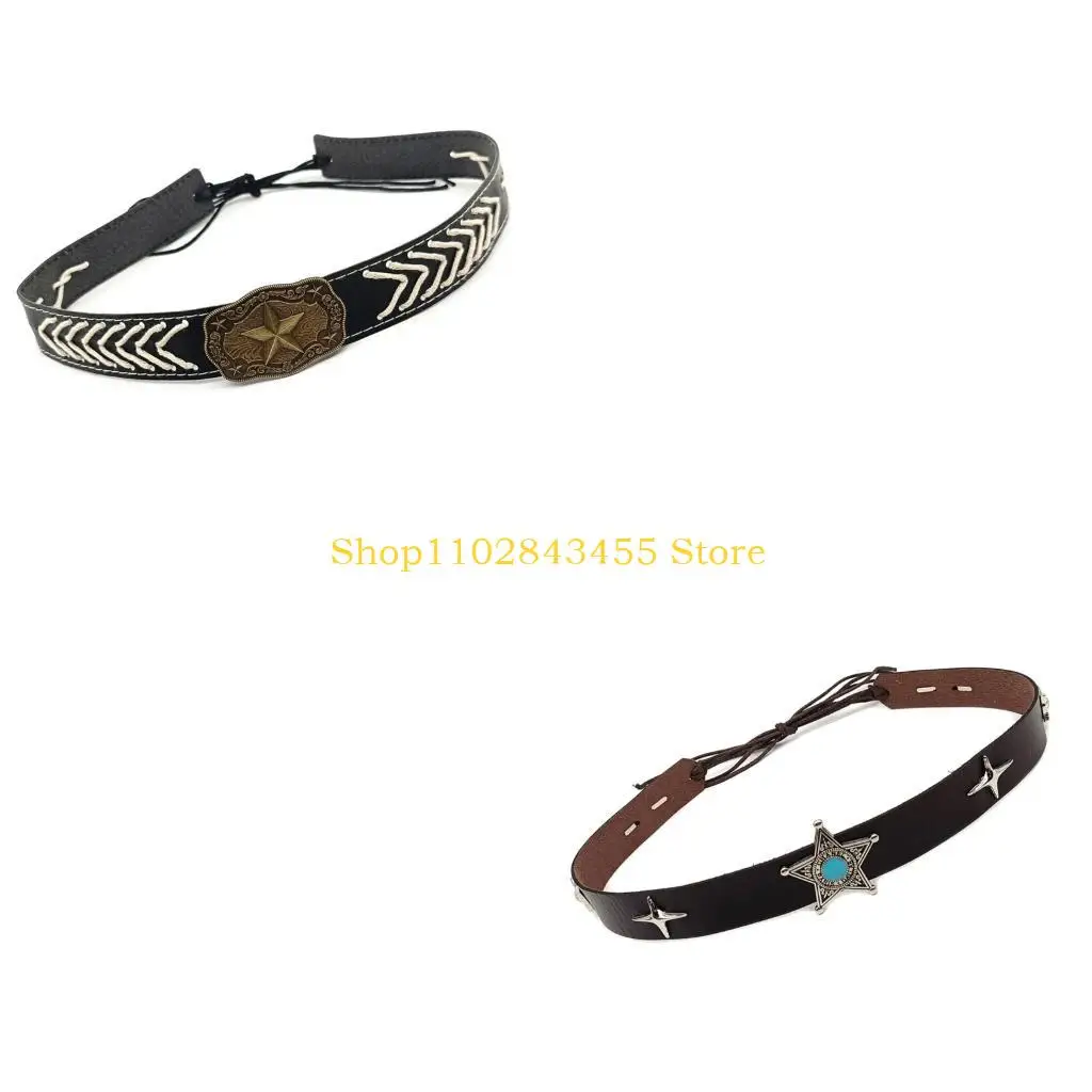 49MC Western Hat Belts for Cowboy Hats with Stitched Design for Straw Felt Fedoras Panama Styles