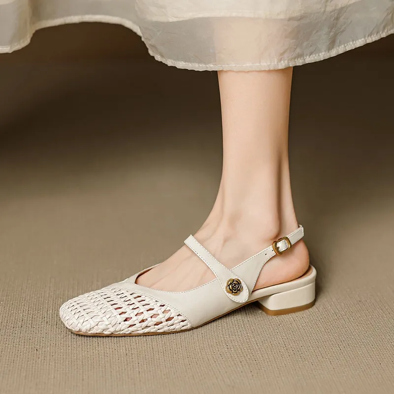 Women's Closed Toe Sandals Woven Hollow Out Low Block Heel Mary Jane Backless Ankle Strap Soft Sole Summer Beach Work Off White view 6