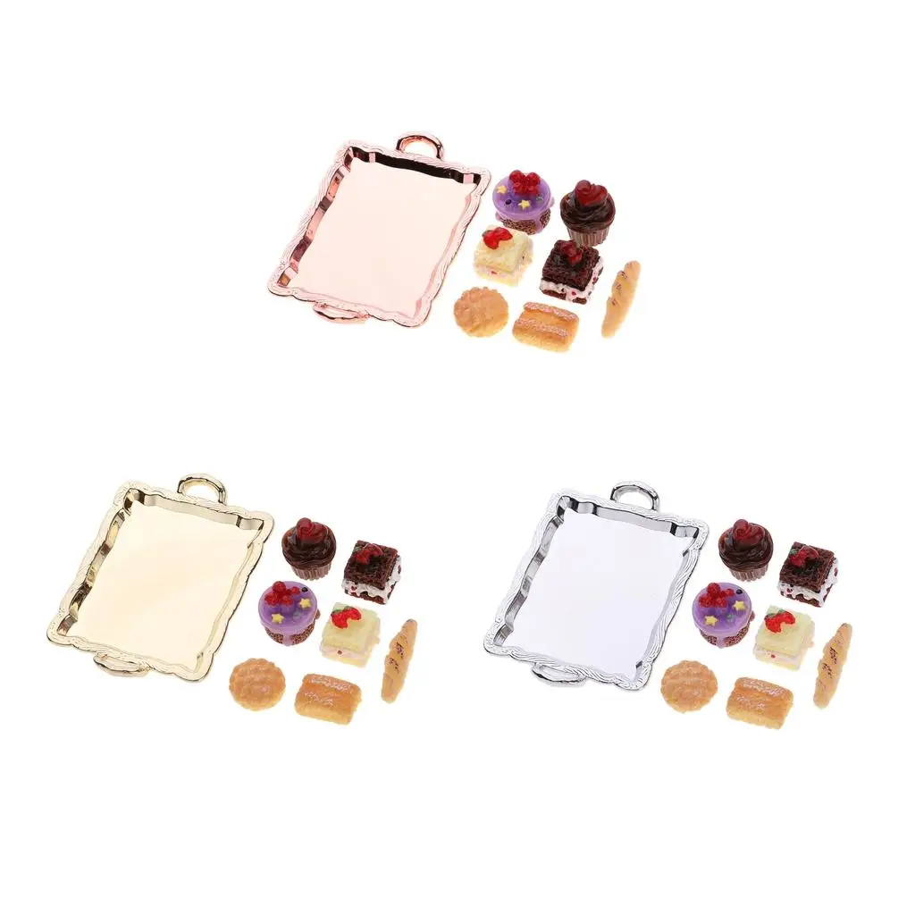 Poppenhuis miniatuur voedsel, 1/12 taart en brood bordenset, poppenhuis woonkamer keuken tafel decor ornament