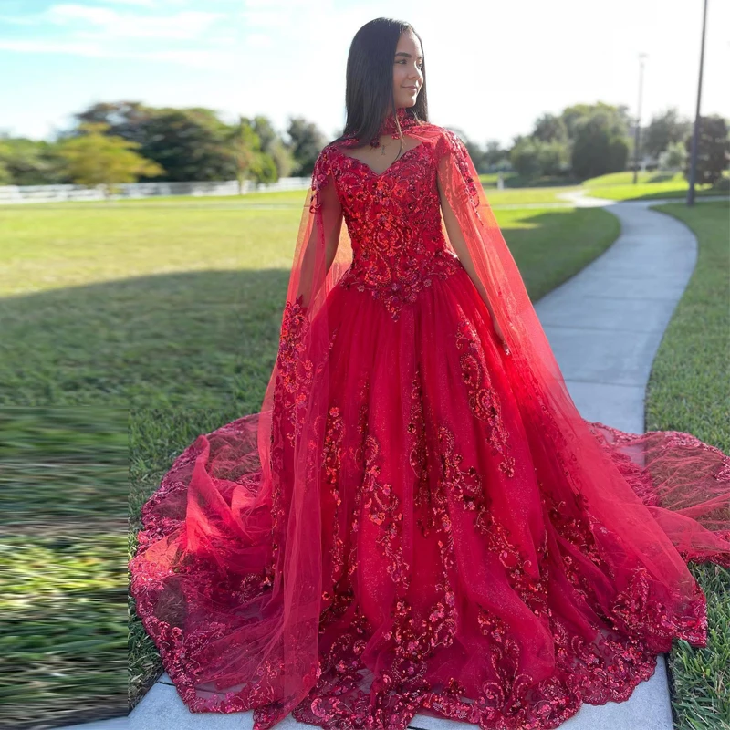 Glittery-vestido de baile de quinceañera, Retro, Burgundy, con capa, 2 en 1, apliques de lentejuelas, estilo mexicana, 15 años