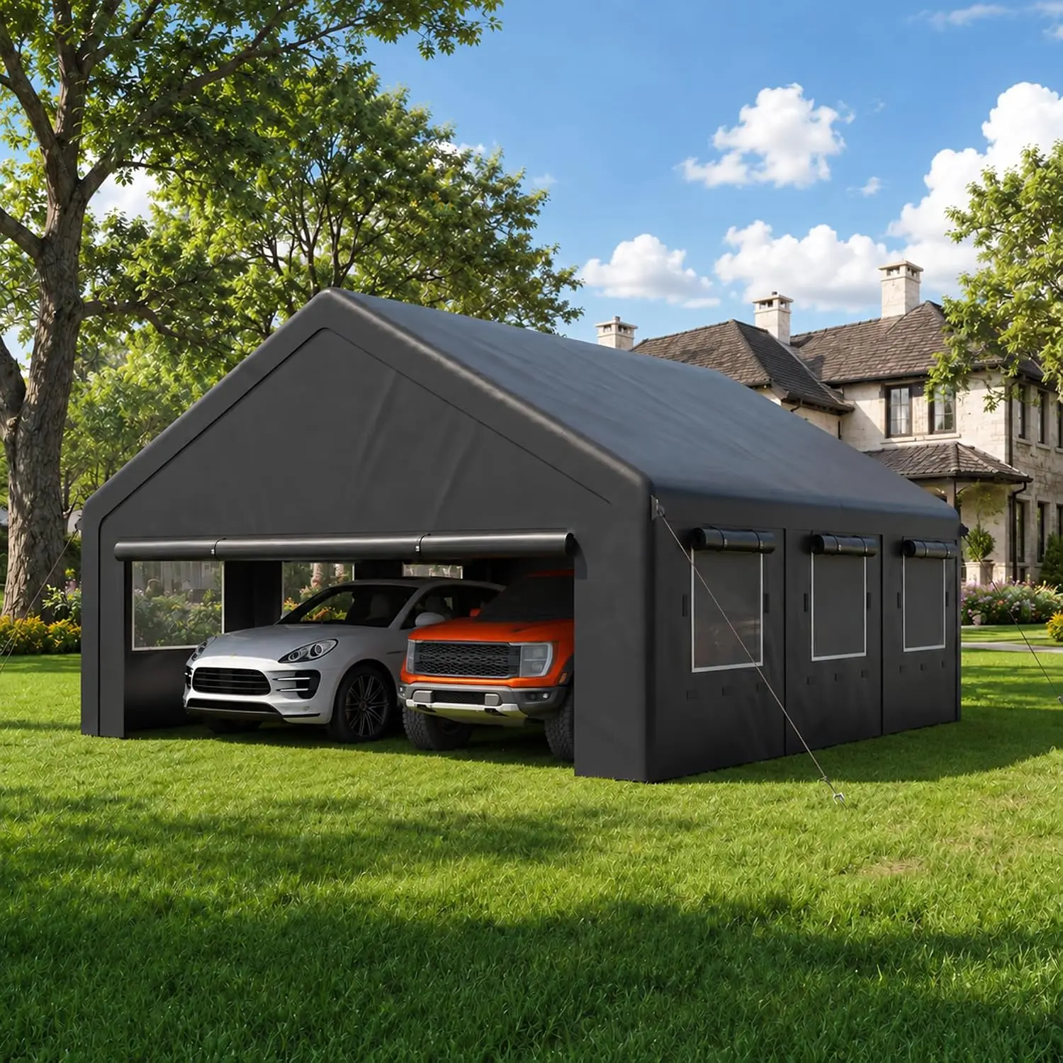 Carports 20x20 Heavy Duty, 2 Car Carport Canopy with 6 Mesh Windows, Customized