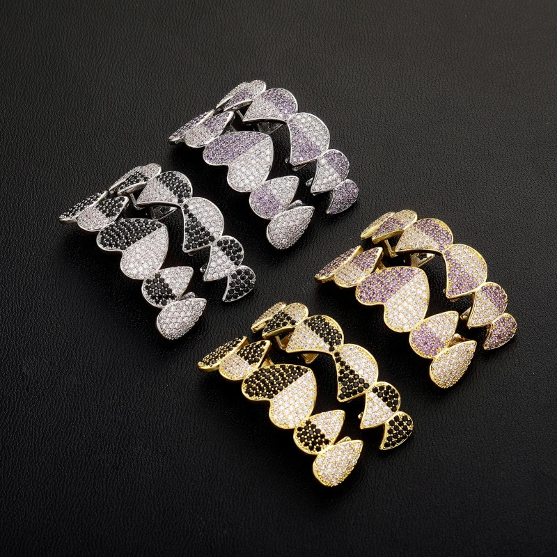 Iced Out Pink Cubic Hip Hop Imitation Diamond Fang Vampire Halloween Costume Accessory Cosplay Teeth Grillz Extra Molding Bars