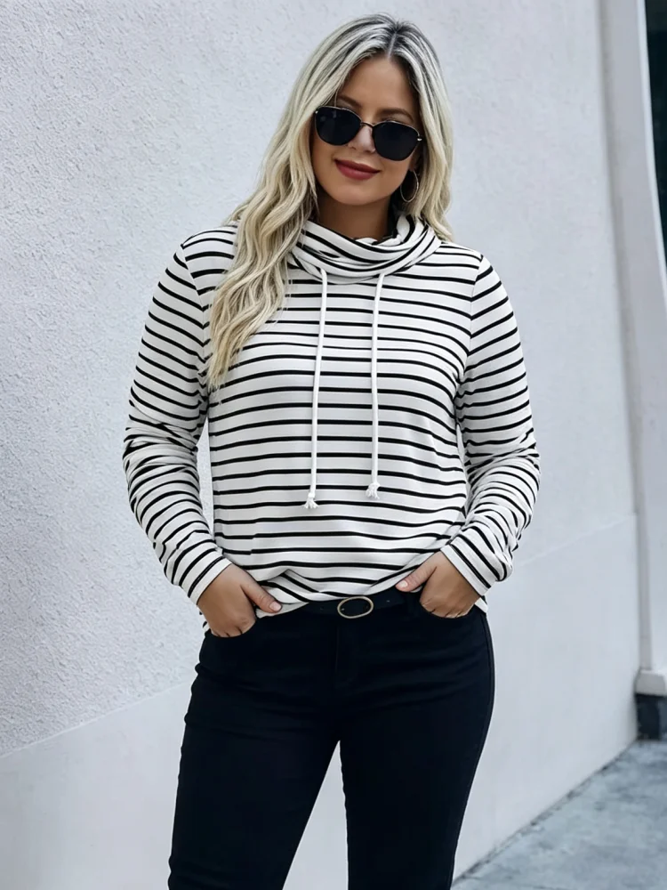 Übergroßes gestreiftes Oberteil mit Rundhalsausschnitt für Damen, langärmelig, mit Kordelzug, lockerer Schnitt, Herbst-Winter, lässig, für den täglichen Gebrauch – Detail 6
