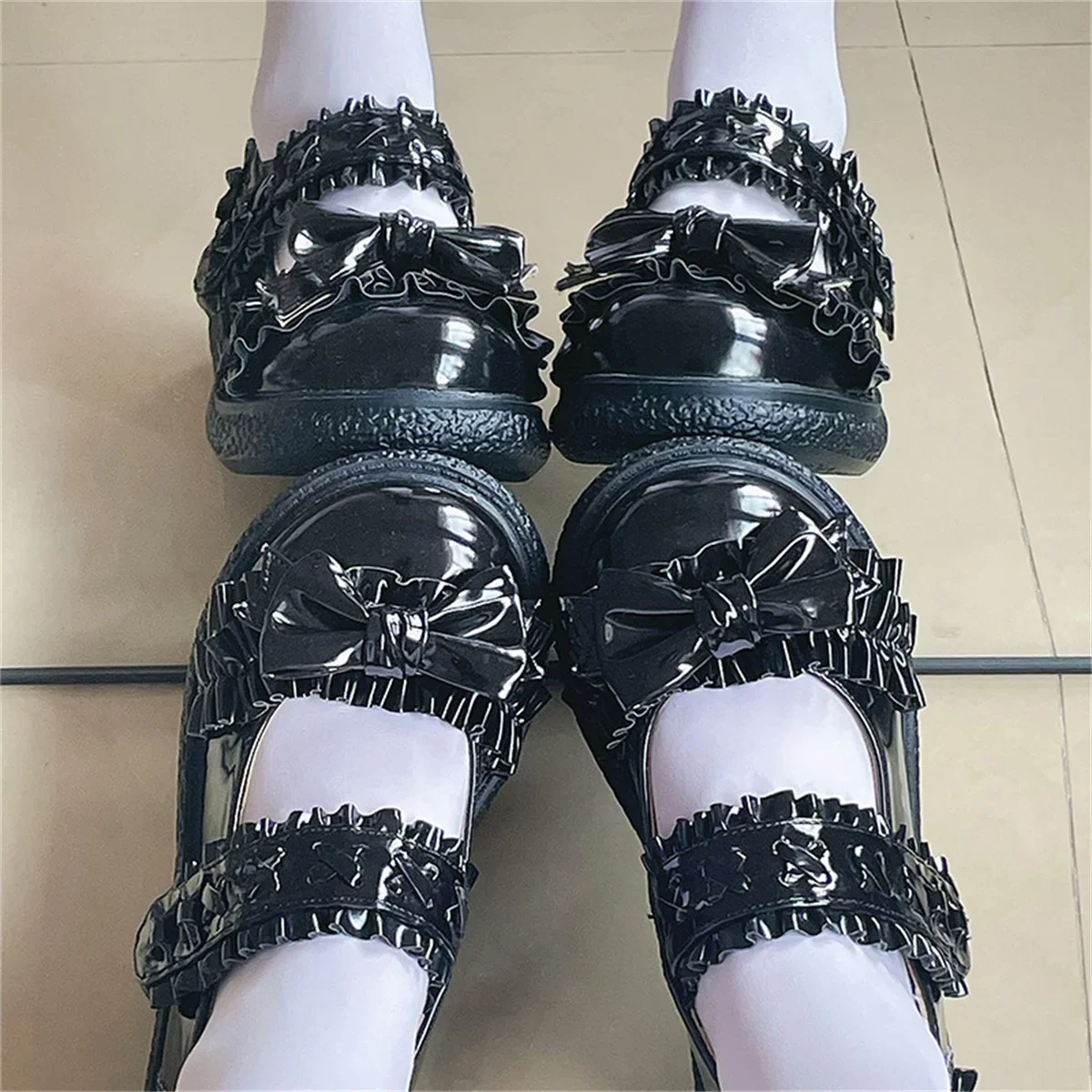 Japanese Sweet Style Shoes Lolita Cosplay Victoria Cute Girls Kawaii Loli Candy Color Round Head Bow Ruffle Low Heel Shoes