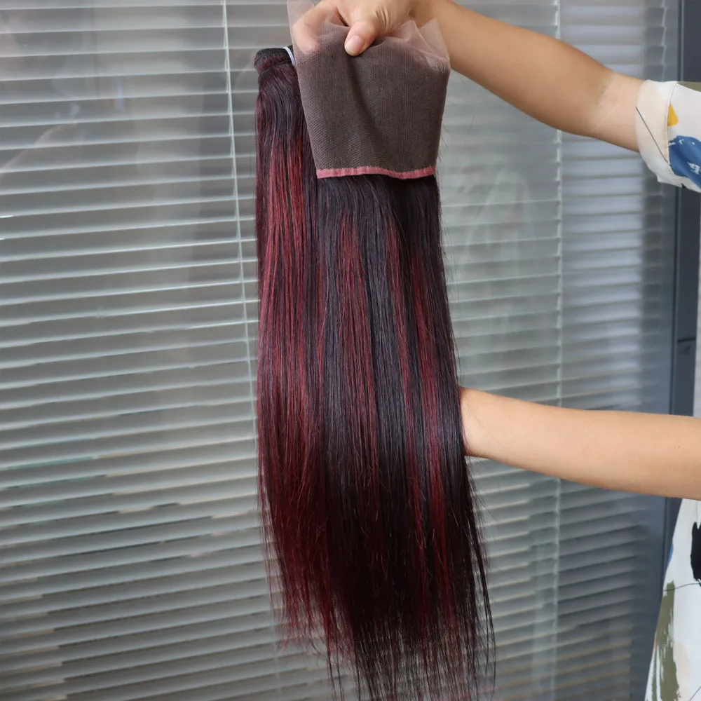 الجملة البرازيلي عذراء الشعر البيانو اللون تسليط الضوء على 1B أحمر داكن 99J حزم مع إغلاق أمامي نسج لحمة للنساء السود