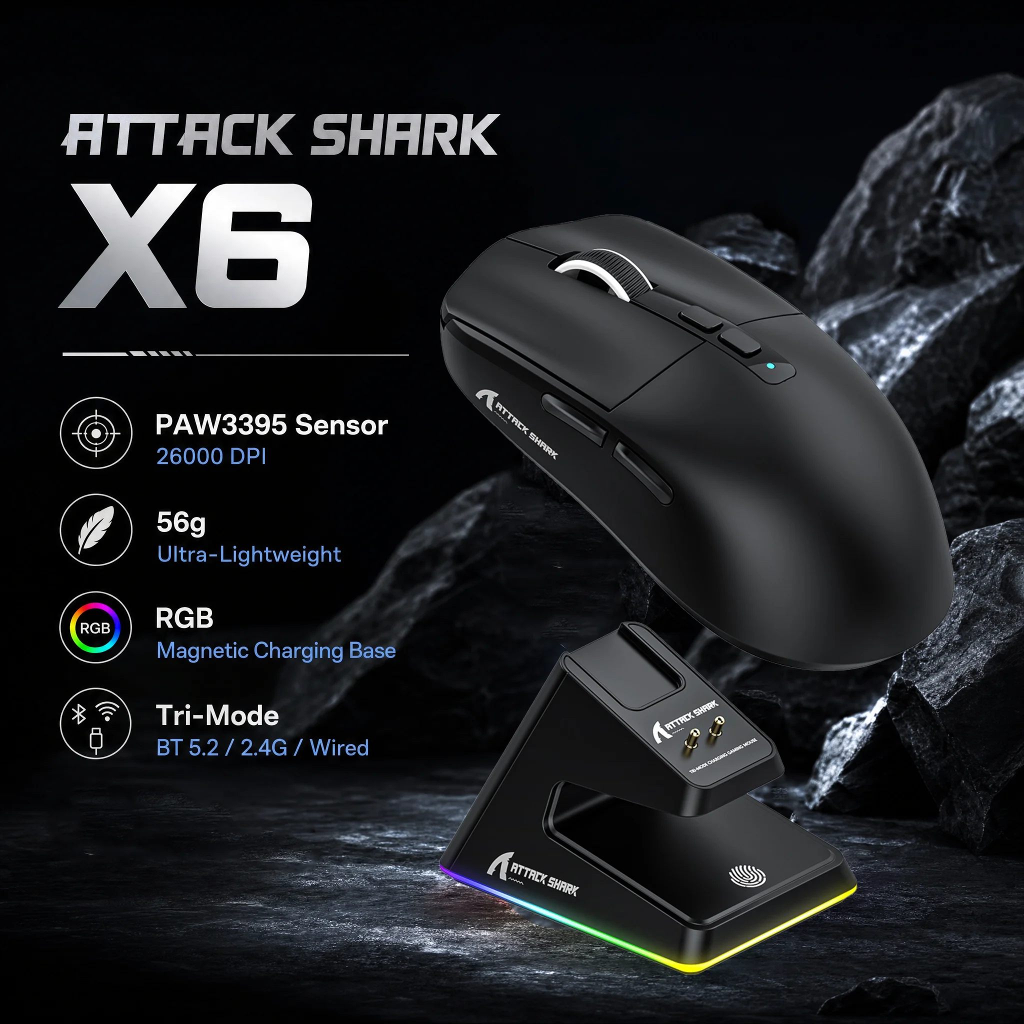 attack-shark-x6-wireless-gaming-mouse-56g-tri-mode-bluetooth-52-24g-wired-paw3395-26000dpi-rgb-charging-dock