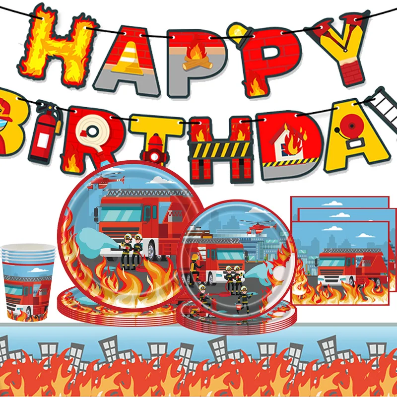 Fireman Fire Truck Party Disposable Tableware Plates Cups Napkins Tablecloth Birthday Banner Fire Rescue Birthday Decoration