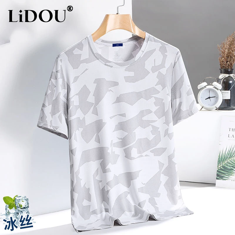 Summer New Camouflage Jacquard Weave Round Neck Short Sleeve T-shirt Man Thin Style Breathable Quick Drying Loose Motion Tops