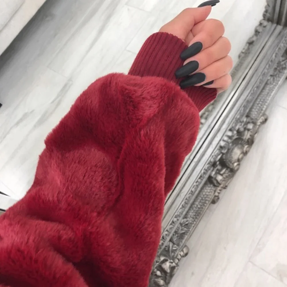 New Faux Fur Women Coat With Hood High Waist Fashion Slim Black Red Pink Faux Fur Jacket