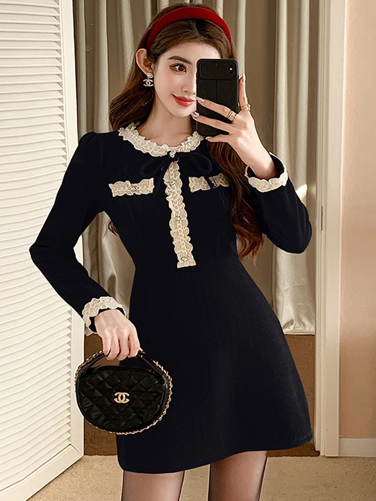 Spring Autumn Lace Patchwork Corduroy Mini Dress High Quality Women\'s Long Sleeve High Waist Slim Office Midi Clothing