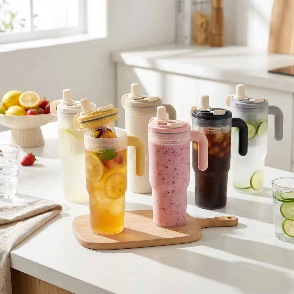 Sportlicher tragbarer Plastik-Trinkbecher mit Strohhalm, 850 ml, große Kapazität, Tumbler mit Griff und Sieb, hitzebeständige, auslaufsichere Wasserflasche
