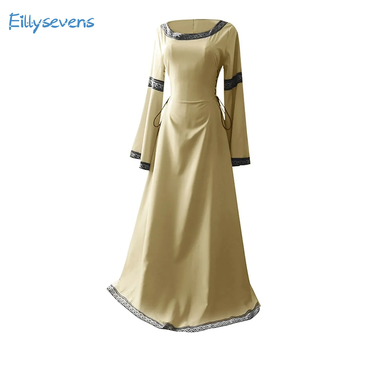 Women Maxi Dresses Classical Middle Ages Splicing Retro Gothic Court Cosplay Costumes Drawstring Waist Irregular Big Hem Dress