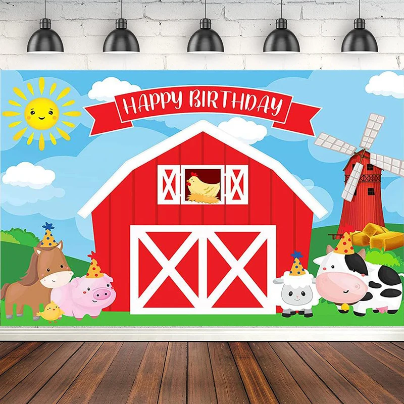 

Photography Backdrop Decorations Cartoon Red Barn Farm Animal Poster For Kids Happy Birthday Party Background Banner