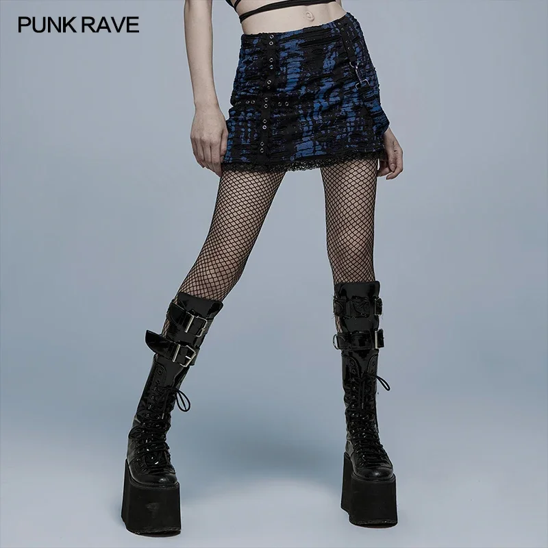 

PUNK RAVE Women's Gothic Decadent A-LINE Broken Holes Skirt with Belt Punk Fashion Texture Sexy Black-blue Club Mini Skirts