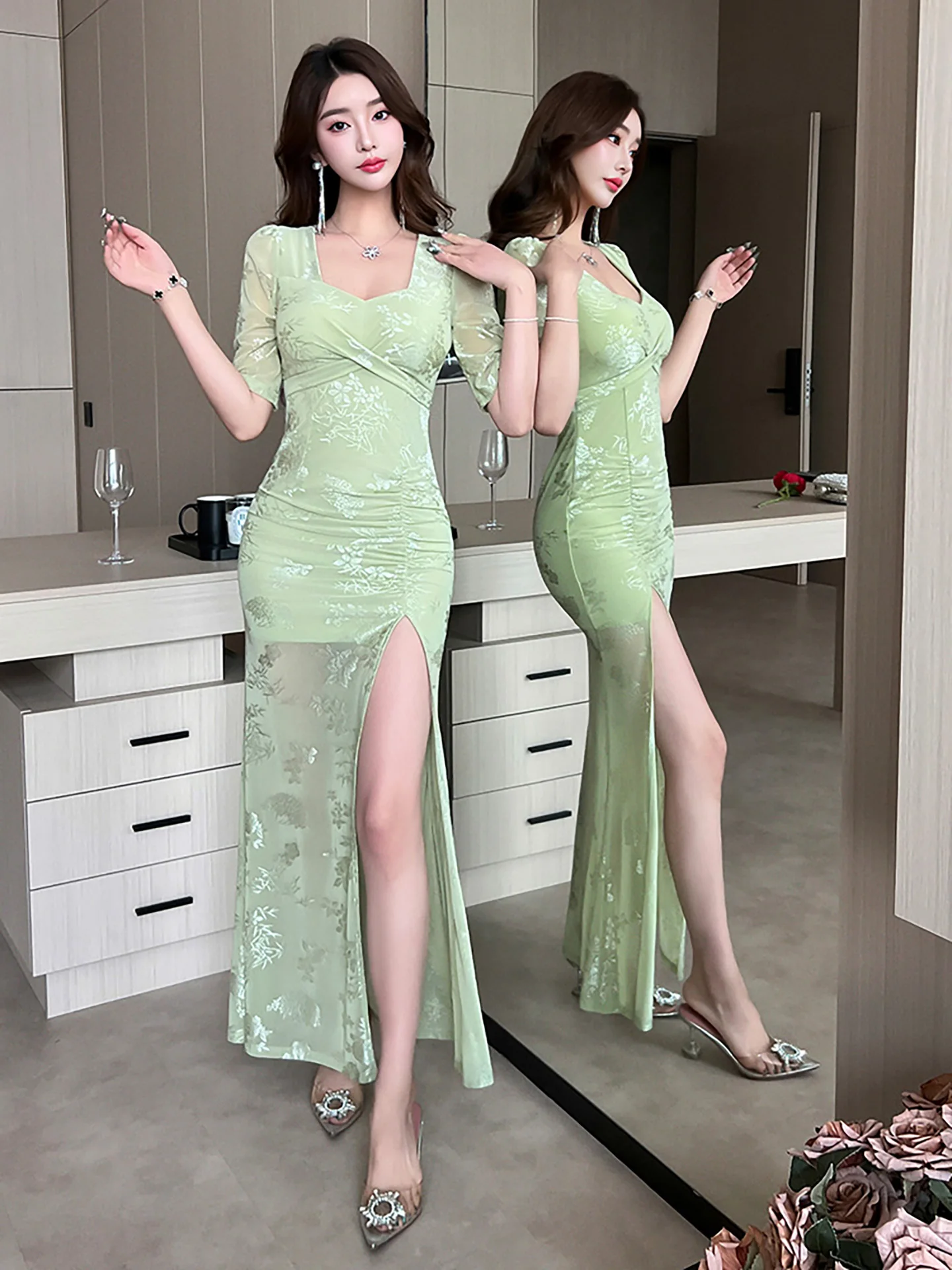 

Сексуальное длинное платье-ципао для вечерних мероприятий, клубов, работы, мягкая массажная ткань, для ночных клубов, из полиэфирного волокна, короткий рукав