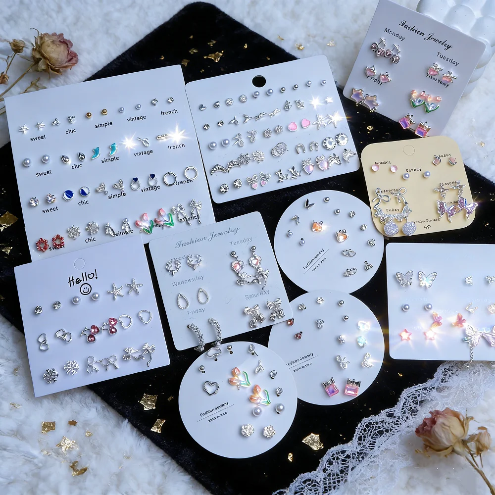 6/9/14/20/25/27Pairs Fashion Sweet French Style Rhinestone Stud Ear Set For Women One Week Butterfly Love Versatile Mix Jewelry