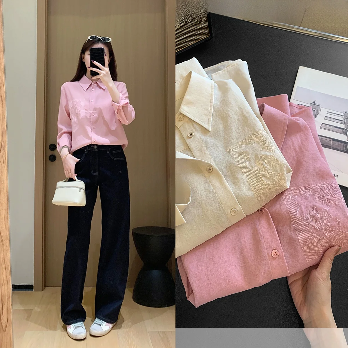 

Женская свободная рубашка с длинным рукавом, однотонная, с вышивкой, на пуговицах, повседневная, модная, из полиэстера