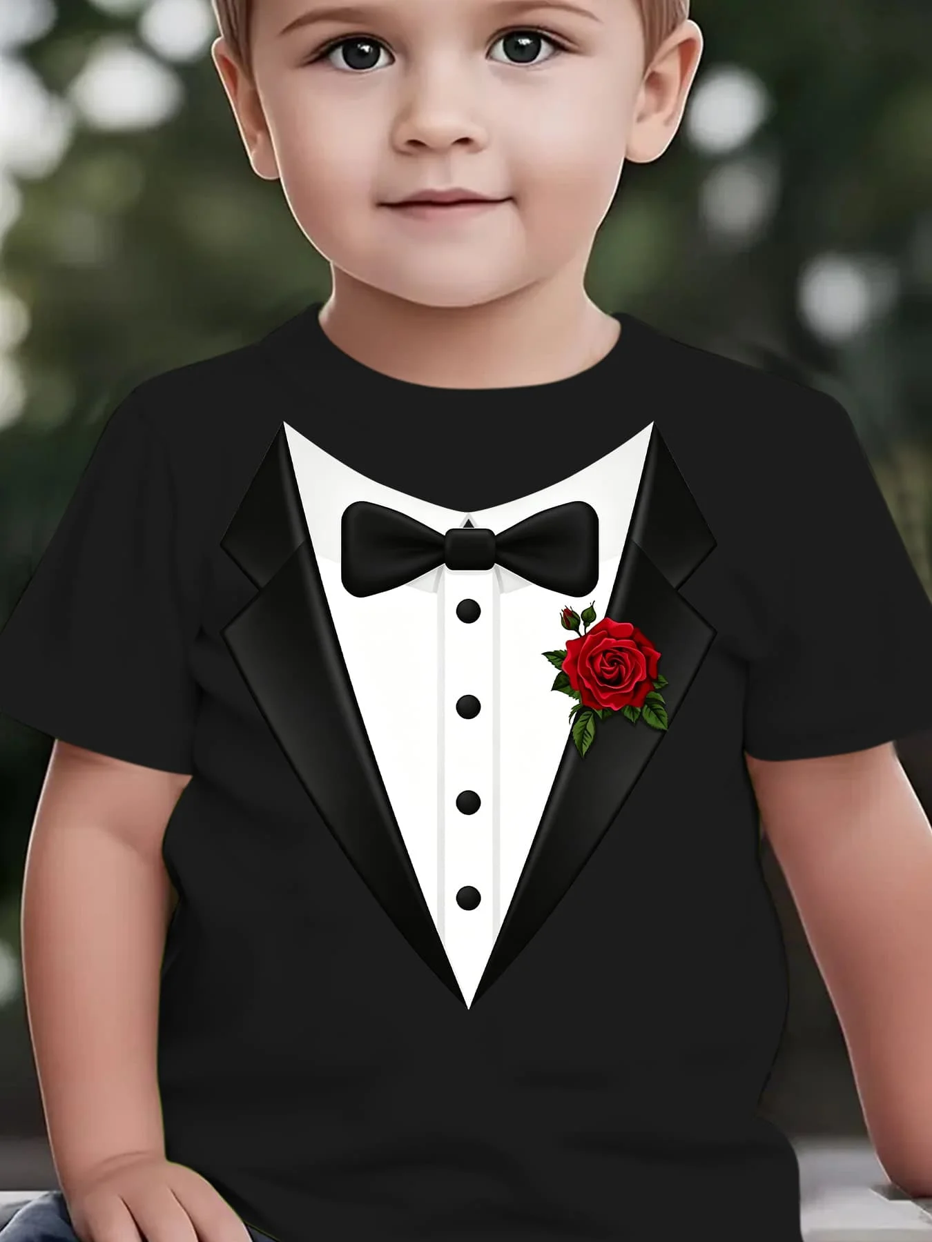 Kids Boys Girls Family Matching T Shirt Tuxedo Suit Bow Tie Red Rose Print Short Sleeve Tee Casual Parent Child Daily Tops