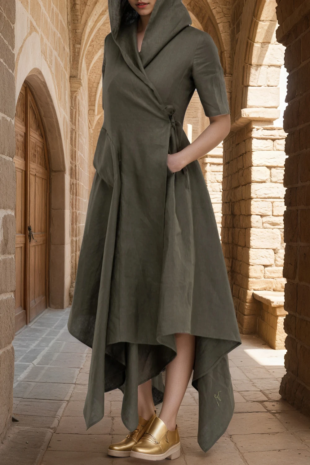 

Women Hooded Dress Retro Chic Ethnic Half Sleeve Harajuku Asymmetric Hem Autumn Casual Pockets Pleated A-Line Plus Size Dresses
