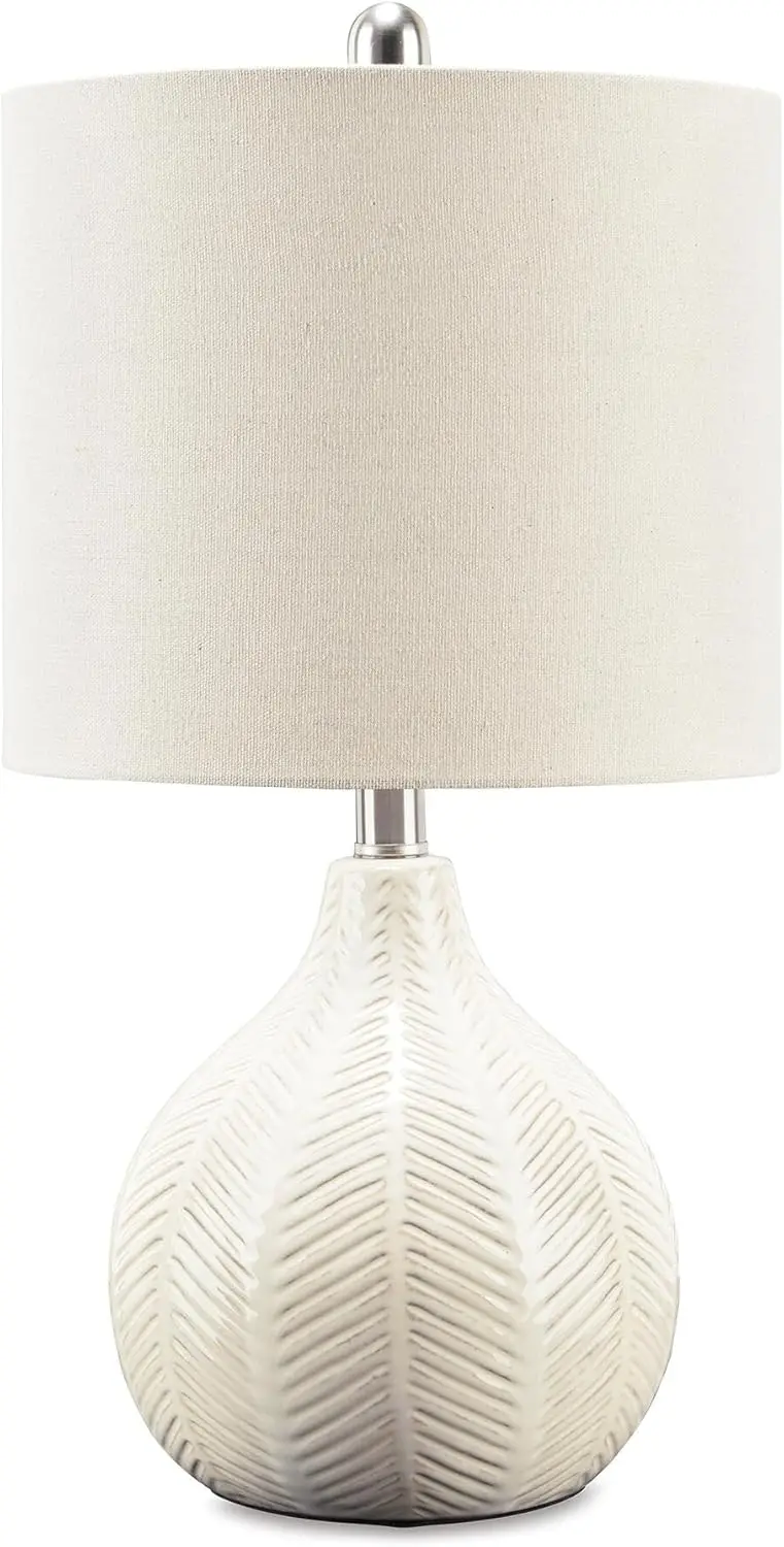 Ceramic Table Lamp with Herringbone Pattern, Transparent White Glaze, Drum Fabric Shade for Living Room Bedroom, 11"W x 11"D x