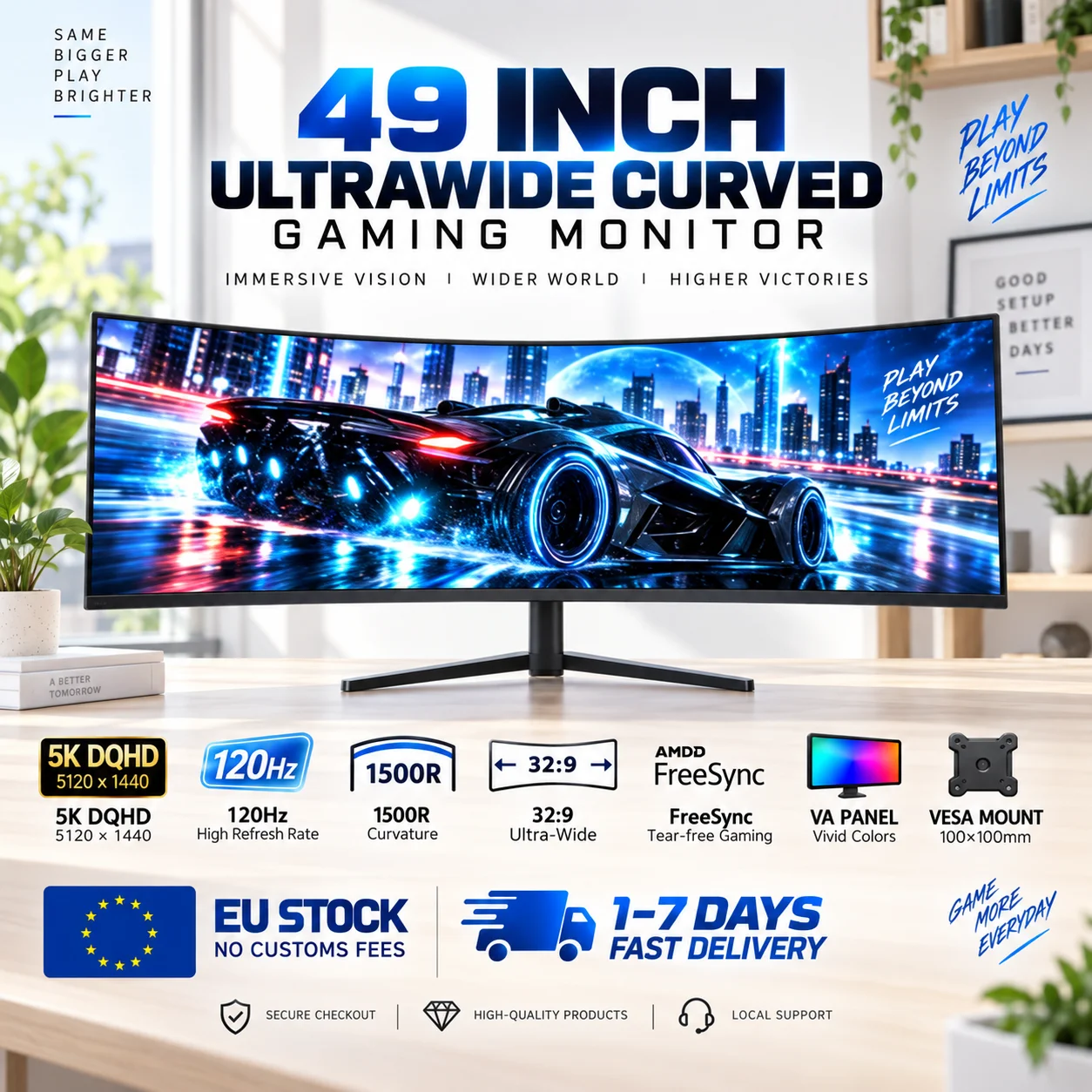Monitor da gioco curvo super ultrawide Crua Gf490E da 49 pollici, 5K DQHD, 120 Hz, 5120×1440, pannello VA, tecnologia Freesync, display panoramico immersivo, supporto VESA, monitor premium per gaming,