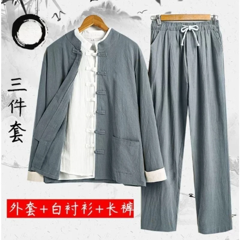 3 قطعة بدلة تانغ الصينية التقليدية الذكور الكونغ فو موحدة الرجعية عادية القطن الكتان حجم كبير مجموعة ملابس تاي تشي للرجل