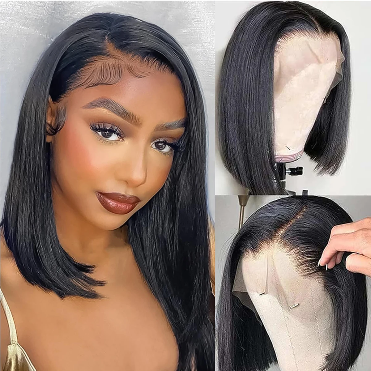 Straight Short Bob Wig 13×4 Lace Front Human Hair Wig For Women Transparent Lace Frontal Wig Pre-plucked 180 Density