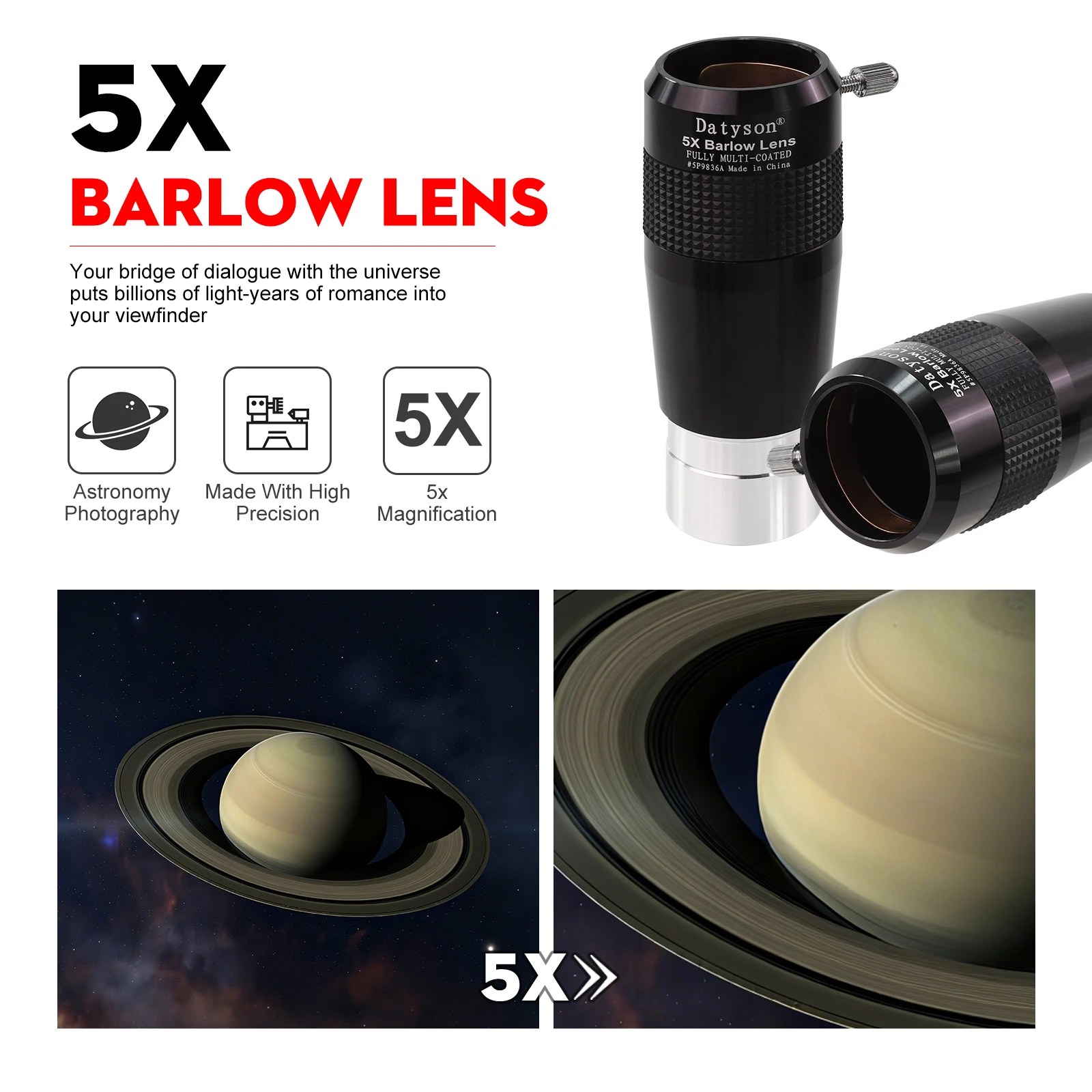 Datyson All-Metal 5X Barlow Lens with Apochromatic Correction, 1.25-Inch, 2-Group 4-Element Fully Multi-Coated Green Film