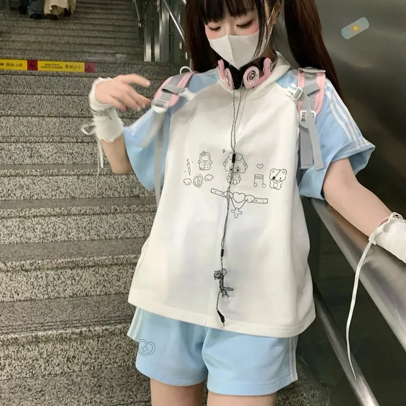 Summer Subculture Cartoon Printed Shorts Sets Short-sleeved T-shirt and Shorts Suit Female Japanese Y2k Anime Women Short Sets