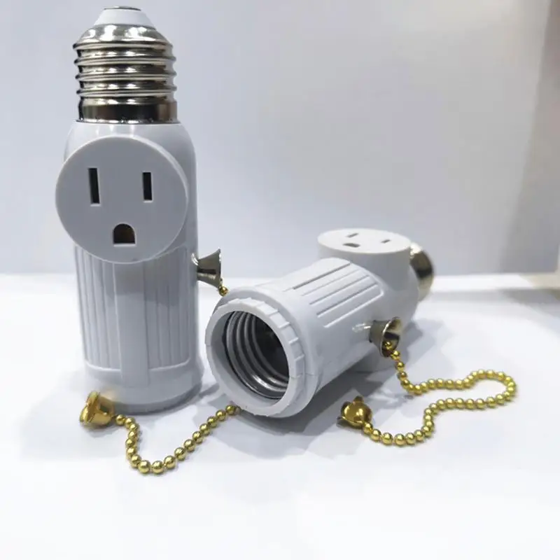 White Black E26 Light Bulb Socket With Pull Chain Switches Both Sides Sockets Support 2 Prong Outlet Plug Splitter Converter