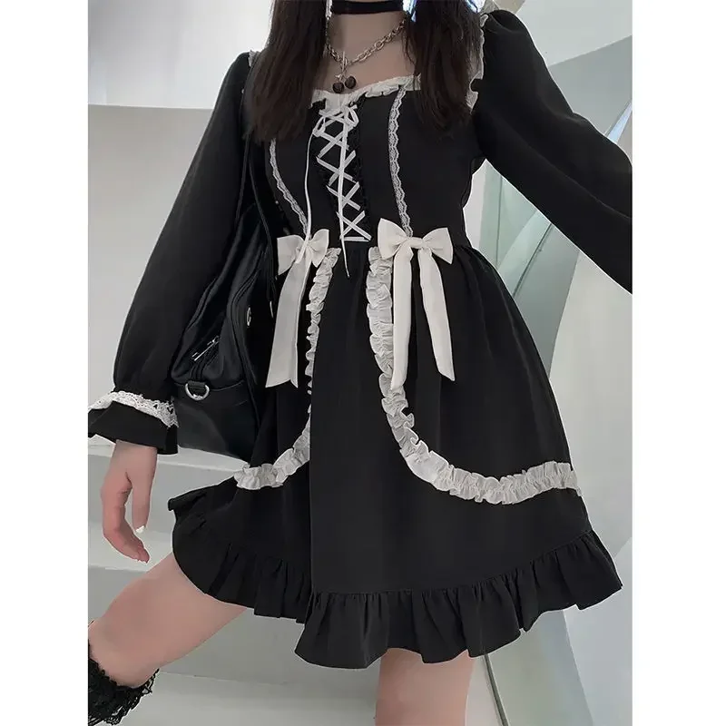 Japanese Lolita Gothic Dress Girl Sweet Bow Patchwork Vintage Designer Mini Dress Korean Kawaii Clothes Punk Dresses For Women