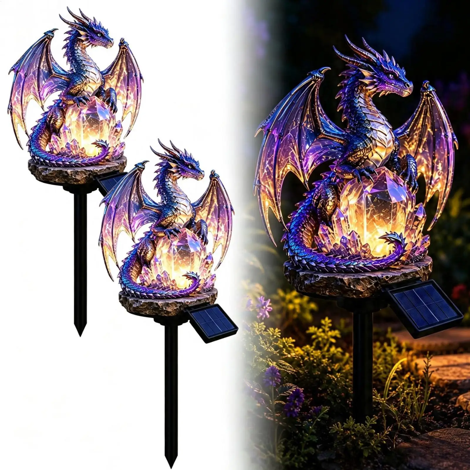 Halloween Dragon Solar-Powered Garden Lamppost Dragon Heritage Golden Flame Edition Glowing Dragon Figurines for Driveway Patio